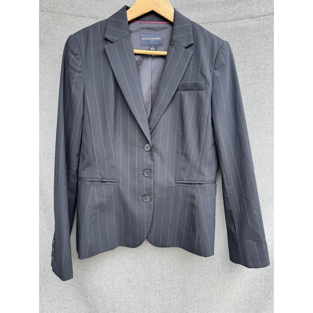 Banana Republic Women's 8 Navy Blue Pinstripe Wool Blend 3 Button Blazer